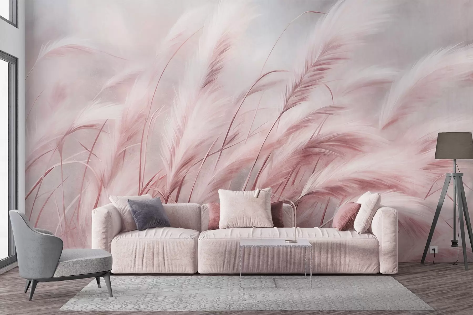 Wall Mural Photo Wallpaper Tall pampas grass swaying gently in the wind against a soft, muted background, textured art w09825v1