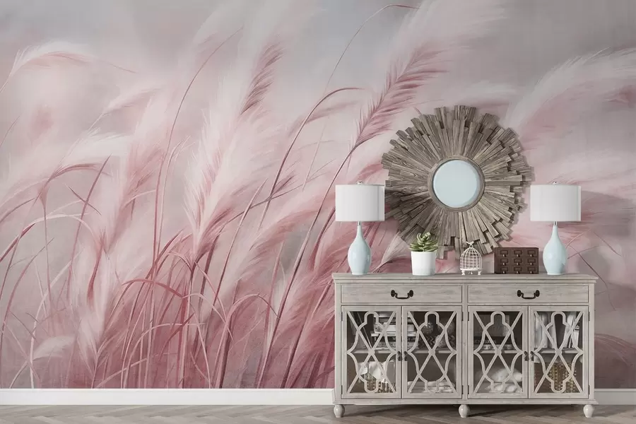 wall murals Tall pampas grass swaying gently in the wind against a soft, muted background, textured art w09825v1