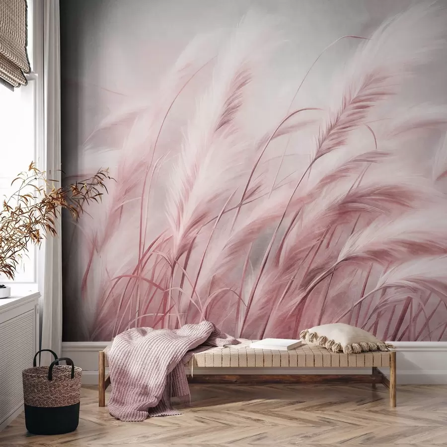 Wall Mural Photo Wallpaper Tall pampas grass swaying gently in the wind against a soft, muted background, textured art w09825v1