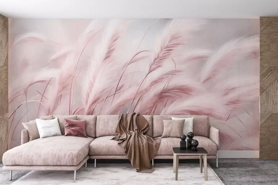 Wall Mural Photo Wallpaper Tall pampas grass swaying gently in the wind against a soft, muted background, textured art w09825v1