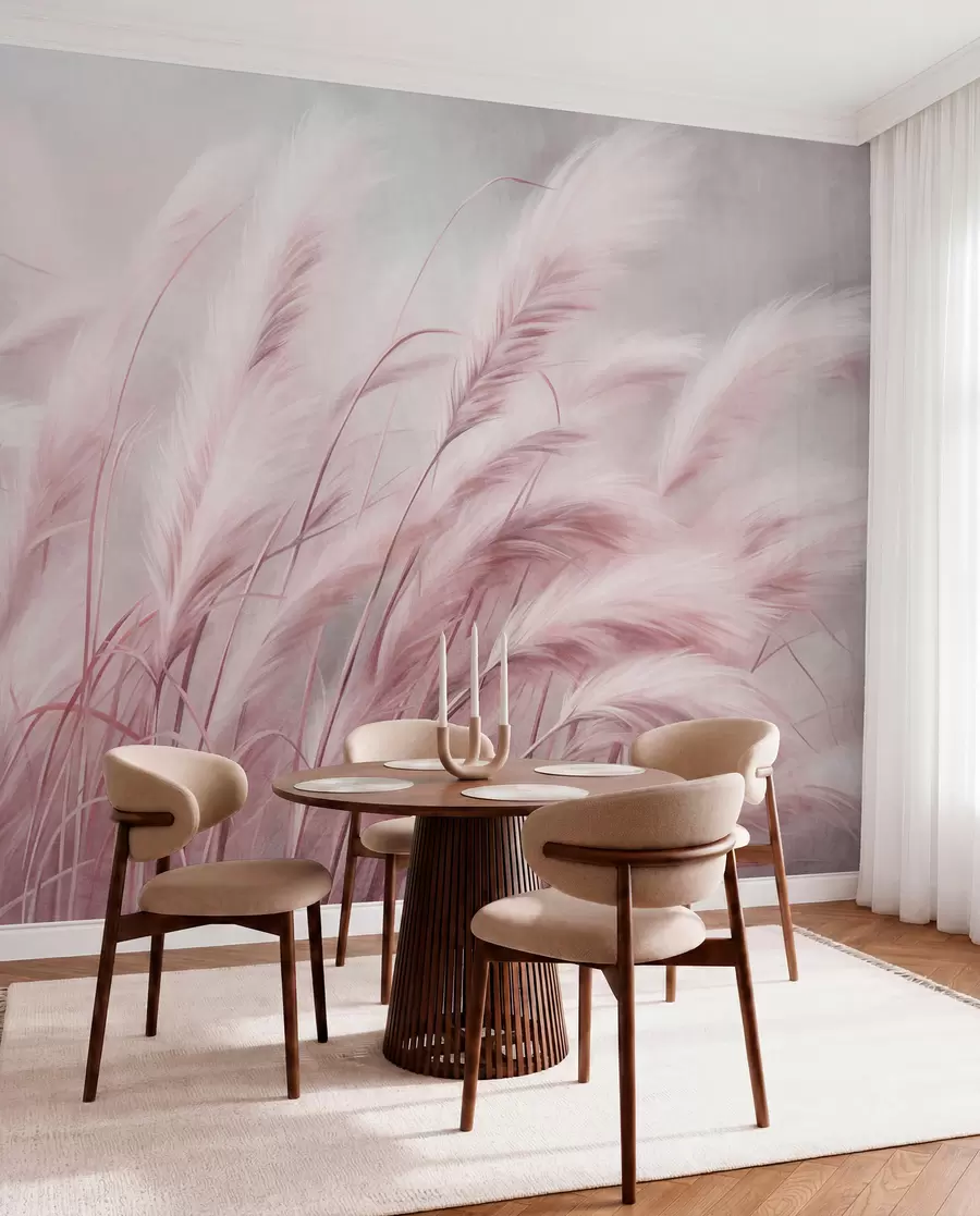 Wall Mural Photo Wallpaper Tall pampas grass swaying gently in the wind against a soft, muted background, textured art w09825v1