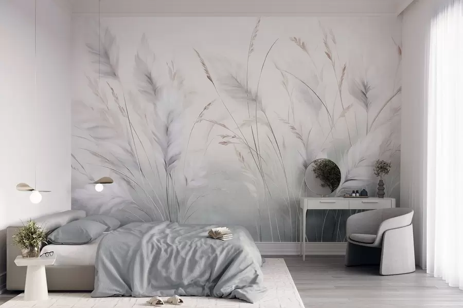 peintures murales De hautes herbes plumeuses ondulent doucement sur un fond doux et discret : un art naturel tout en délicatesse w09831