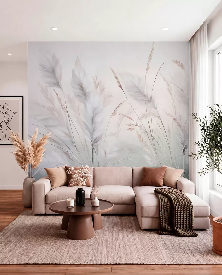Wall Mural Photo Wallpaper Tall, feathery grass sway gently against a soft, muted background, delicate natural art w09831