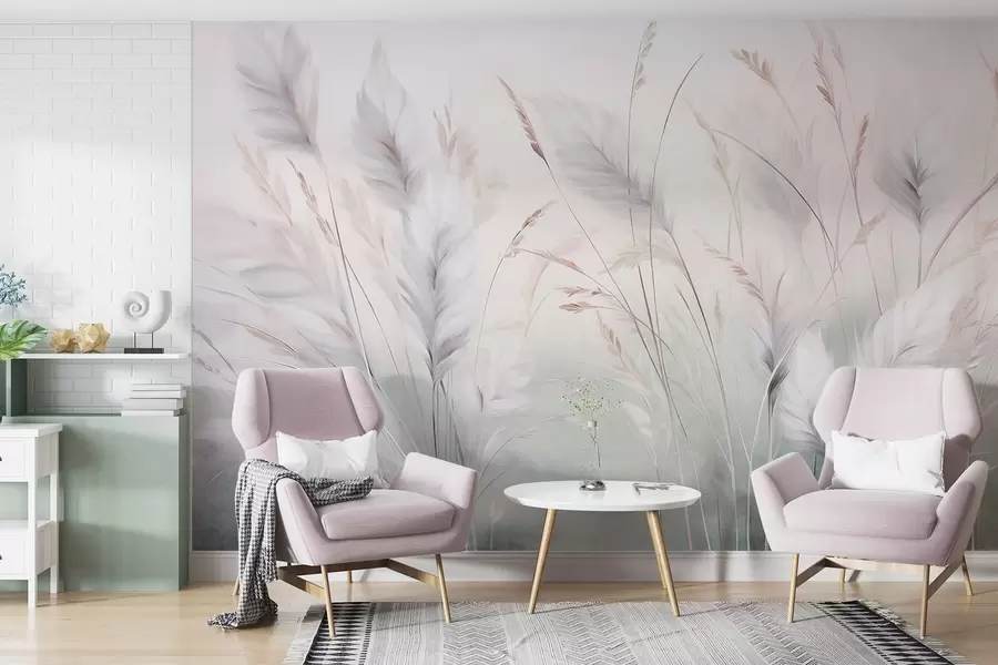 wall murals Tall, feathery grass sway gently against a soft, muted background, delicate natural art w09831