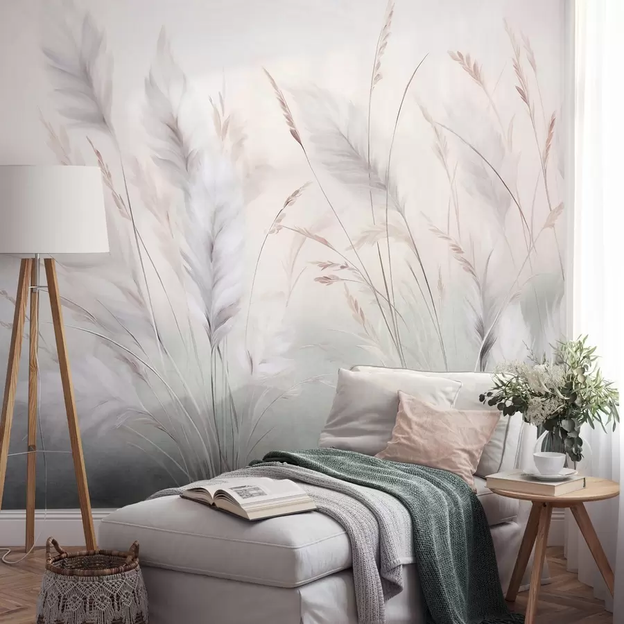 peintures murales De hautes herbes plumeuses ondulent doucement sur un fond doux et discret : un art naturel tout en délicatesse w09831