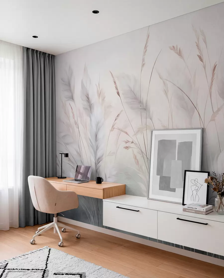 Wall Mural Photo Wallpaper Tall, feathery grass sway gently against a soft, muted background, delicate natural art w09831