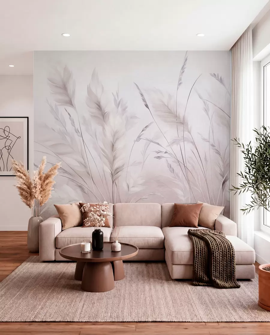 Wall Mural Photo Wallpaper Tall, feathery grass sway gently against a soft, muted background, delicate natural art w09831v1