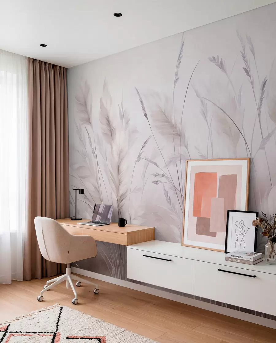 Wall Mural Photo Wallpaper Tall, feathery grass sway gently against a soft, muted background, delicate natural art w09831v1