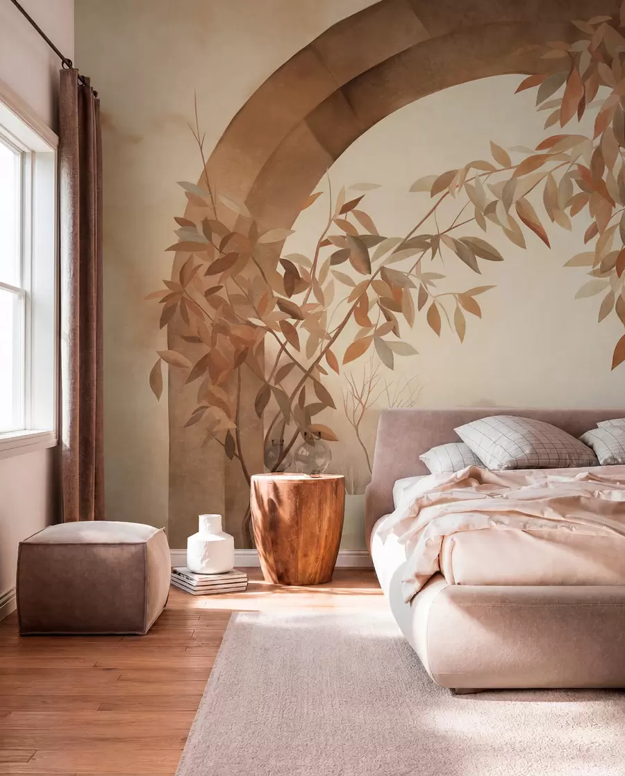 Wall Mural Photo Wallpaper An arch with a landscape, trees and foliage in muted autumnal colors, textured art w09907