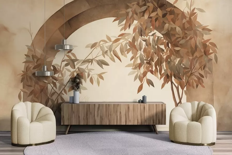 wall murals An arch with a landscape, trees and foliage in muted autumnal colors, textured art w09907