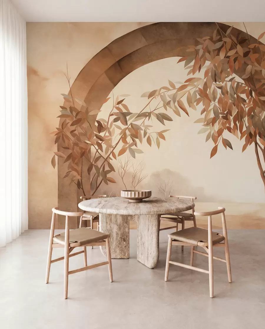 Wall Mural Photo Wallpaper An arch with a landscape, trees and foliage in muted autumnal colors, textured art w09907