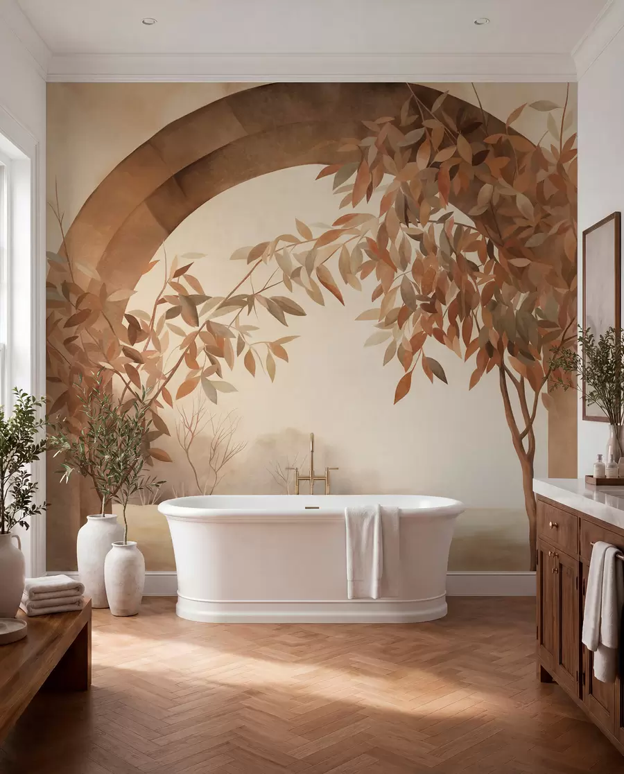 wall murals An arch with a landscape, trees and foliage in muted autumnal colors, textured art w09907