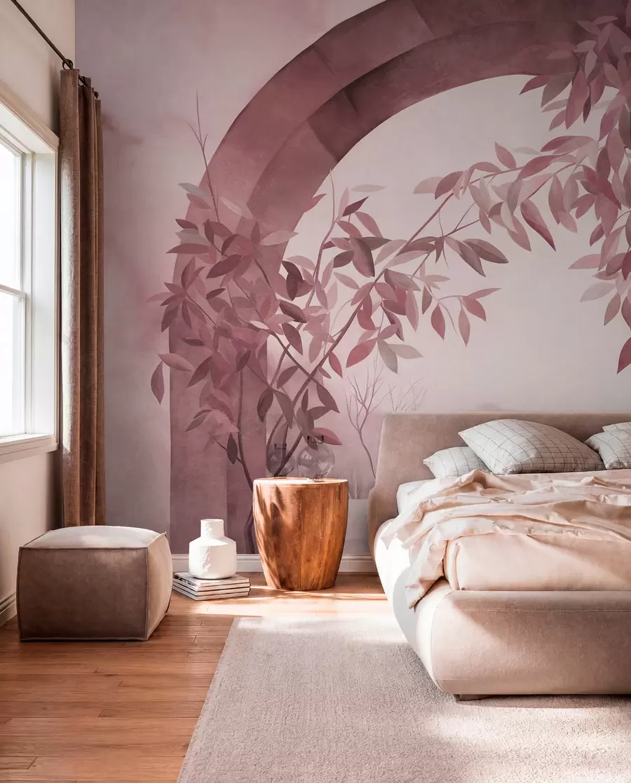 wall murals An arch with a landscape, trees and foliage in muted pink and gray colors, textured art w09907v1
