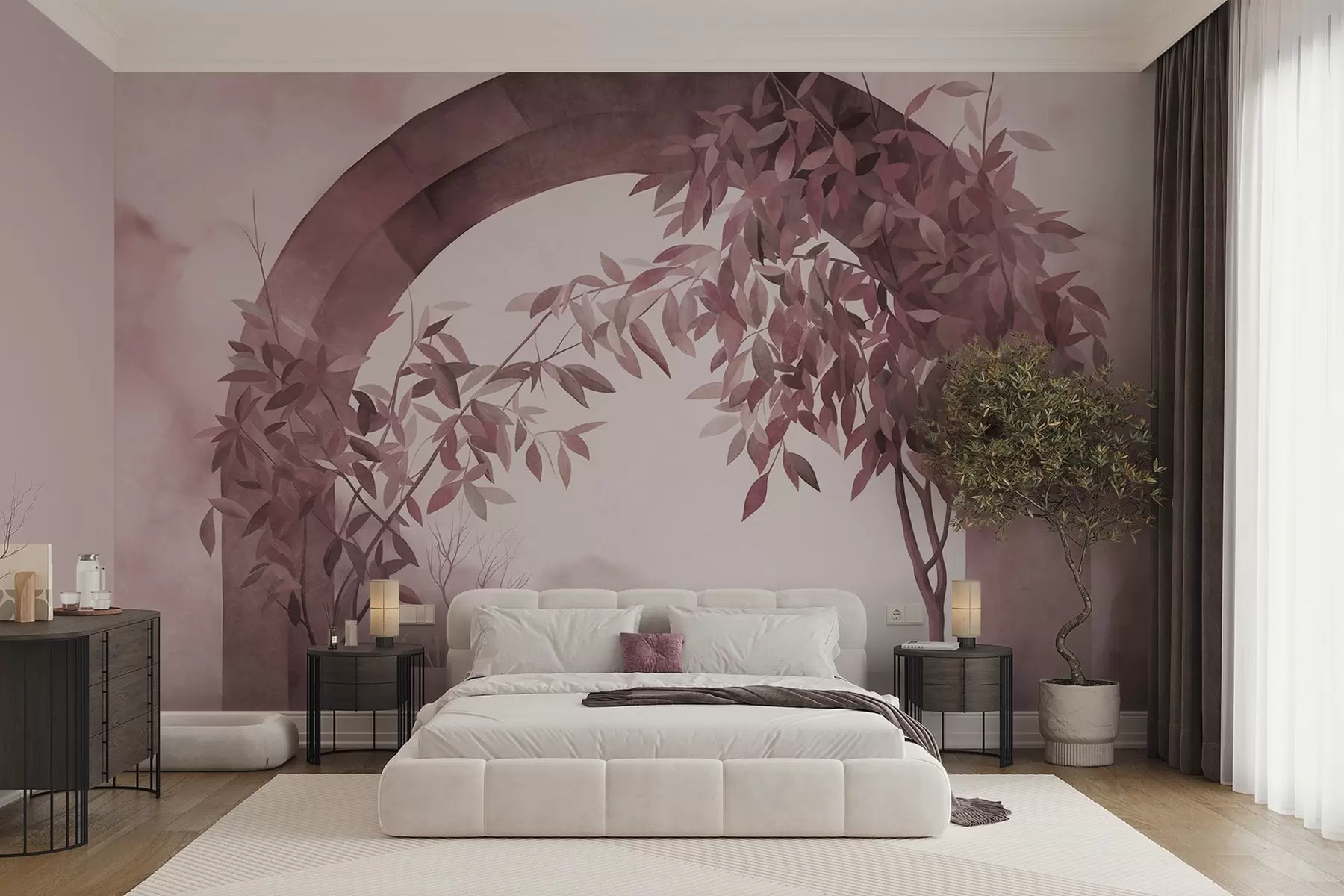 Wall Mural Photo Wallpaper An arch with a landscape, trees and foliage in muted pink and gray colors, textured art w09907v1
