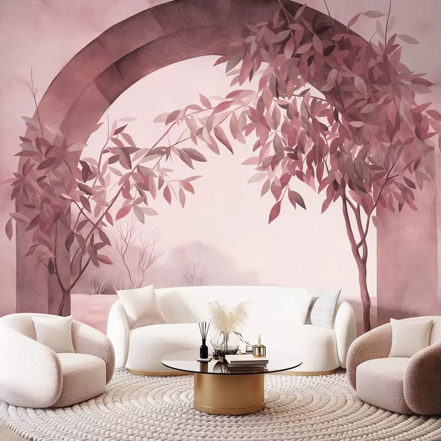 Wall Mural Photo Wallpaper An arch with a landscape, trees and foliage in muted pink and gray colors, textured art w09907v1