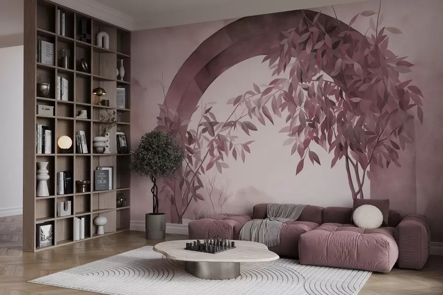 wall murals An arch with a landscape, trees and foliage in muted pink and gray colors, textured art w09907v1