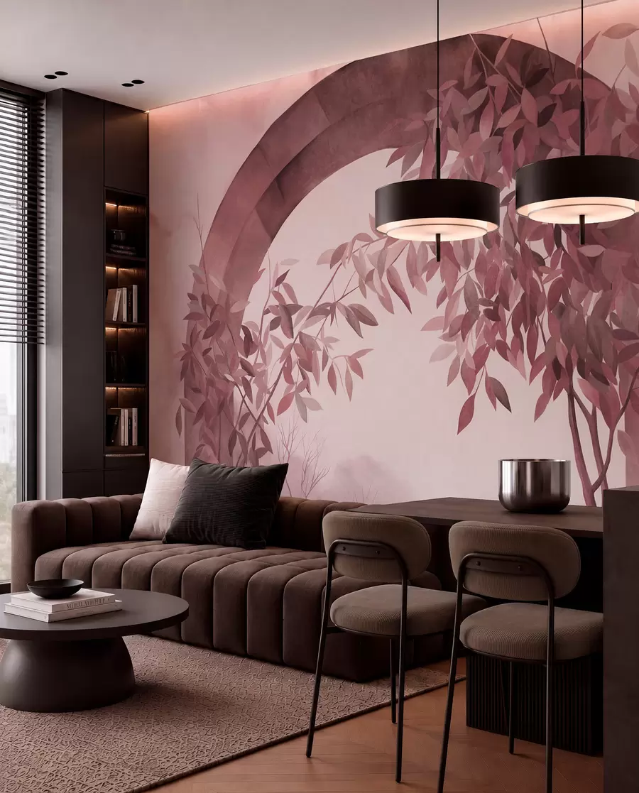 Wall Mural Photo Wallpaper An arch with a landscape, trees and foliage in muted pink and gray colors, textured art w09907v1