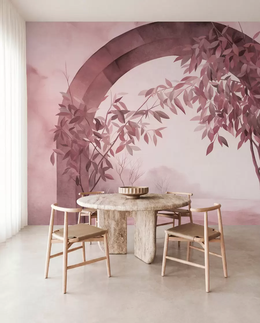 Wall Mural Photo Wallpaper An arch with a landscape, trees and foliage in muted pink and gray colors, textured art w09907v1