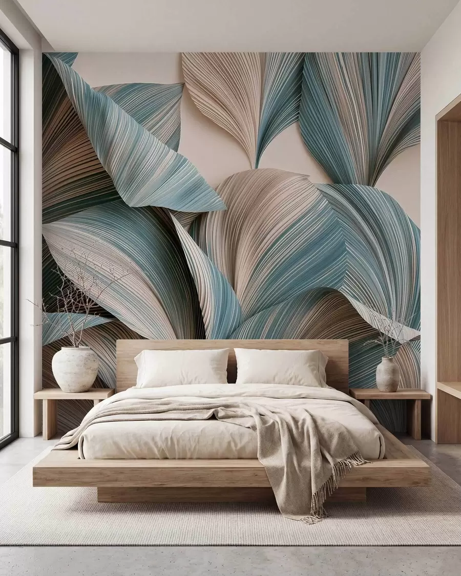 wall murals Volumetric tropical leaves in calm beige and blue tones w09914