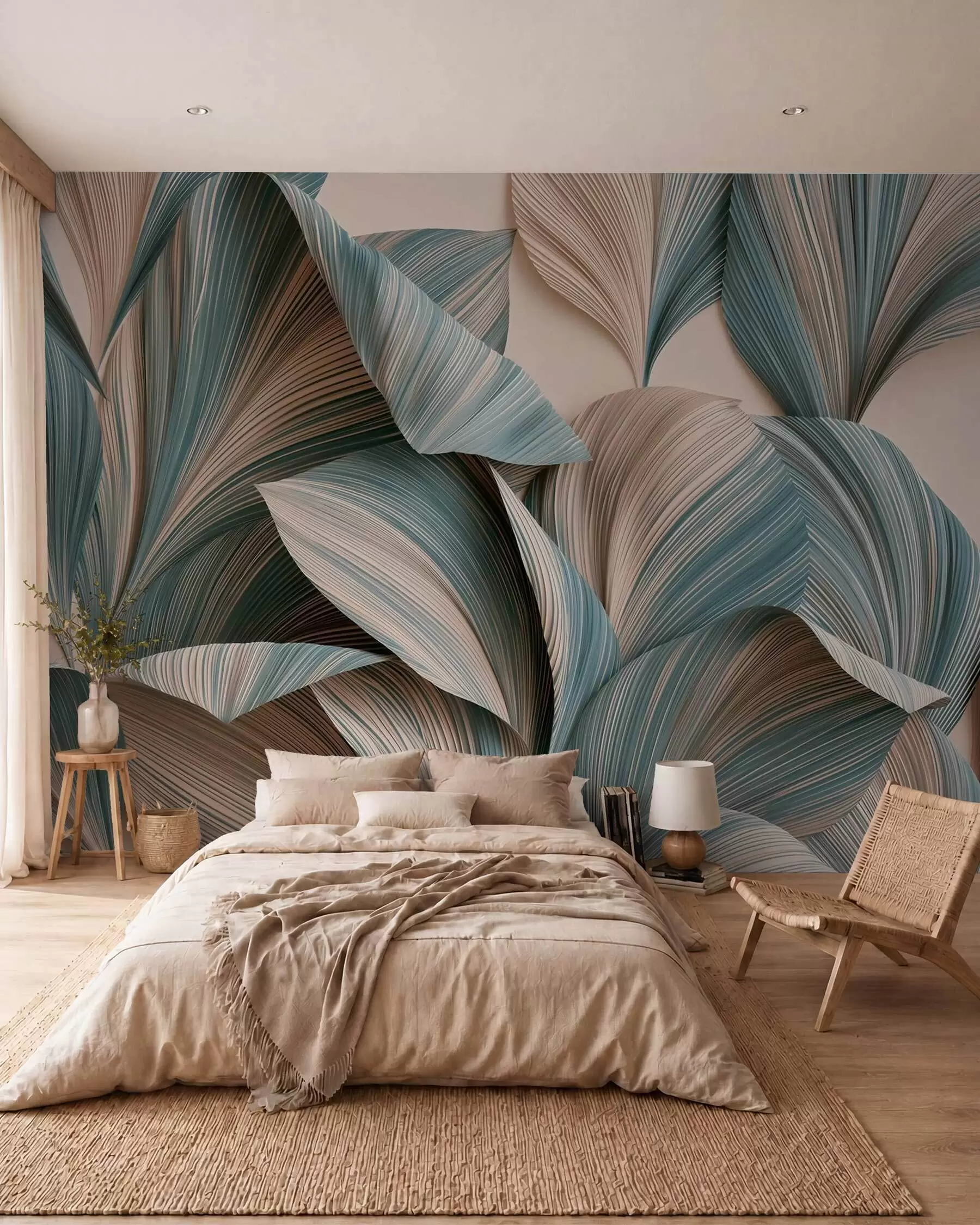 wall murals Volumetric tropical leaves in calm beige and blue tones w09914