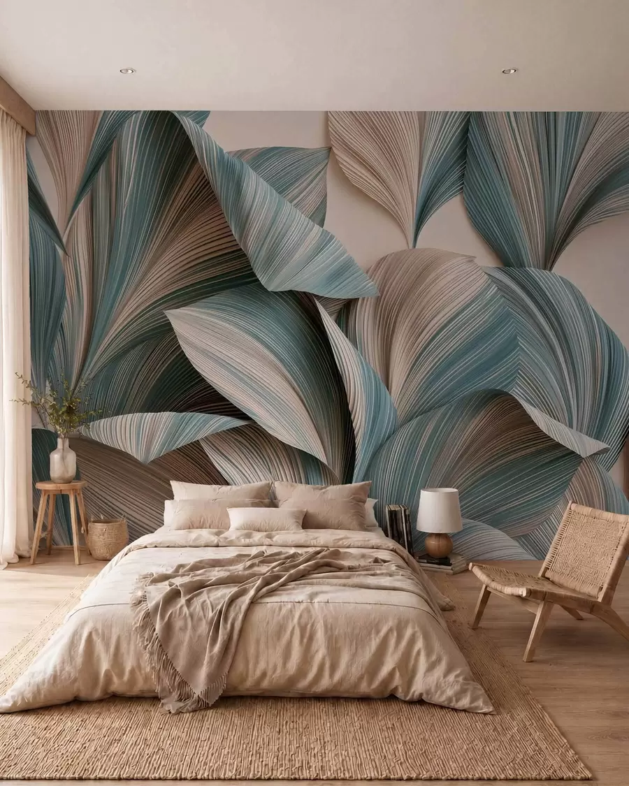 wall murals Volumetric tropical leaves in calm beige and blue tones w09914