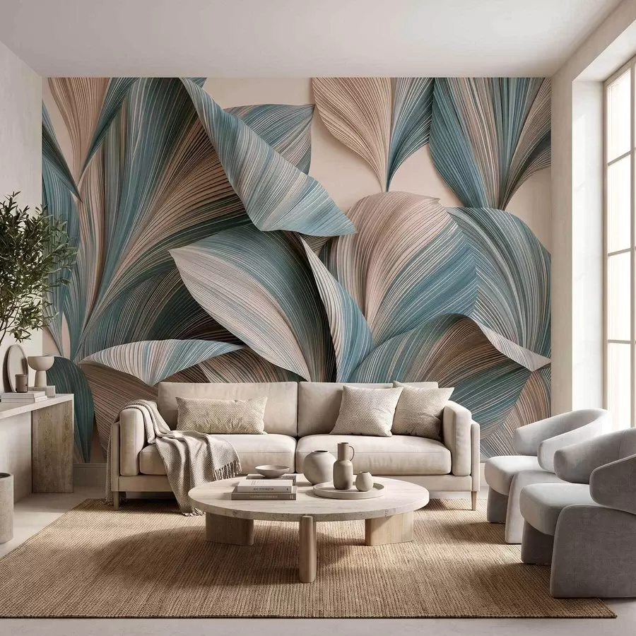 peintures murales Feuilles tropicales volumineuses dans des tons beiges et bleus apaisants w09914