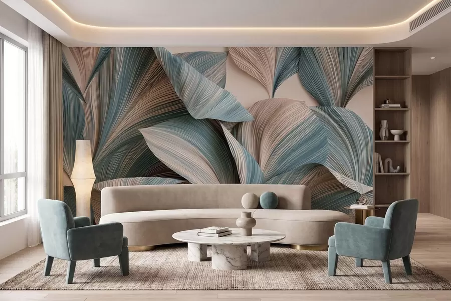 murales Hojas tropicales con volumen en tonos beige y azules suaves w09914