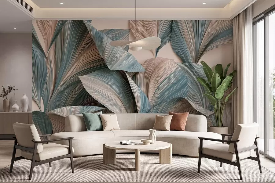 wall murals Volumetric tropical leaves in calm beige and blue tones w09914