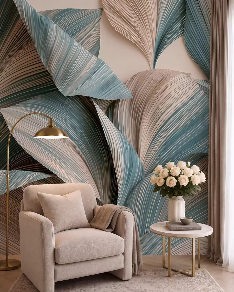 Wall Mural Photo Wallpaper Volumetric tropical leaves in calm beige and blue tones w09914