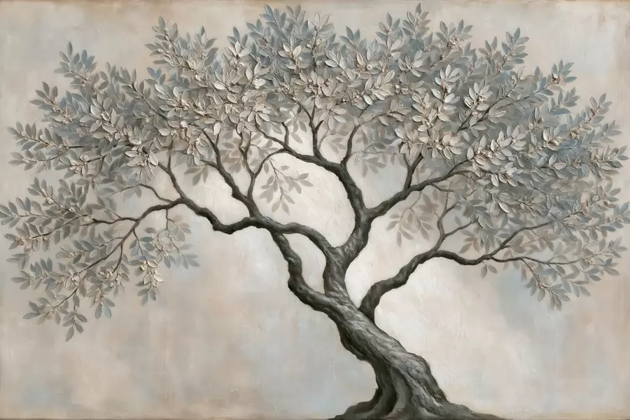 peintures murales Arbre peint à l'huile dans des tons gris-beige naturels et apaisants w09919