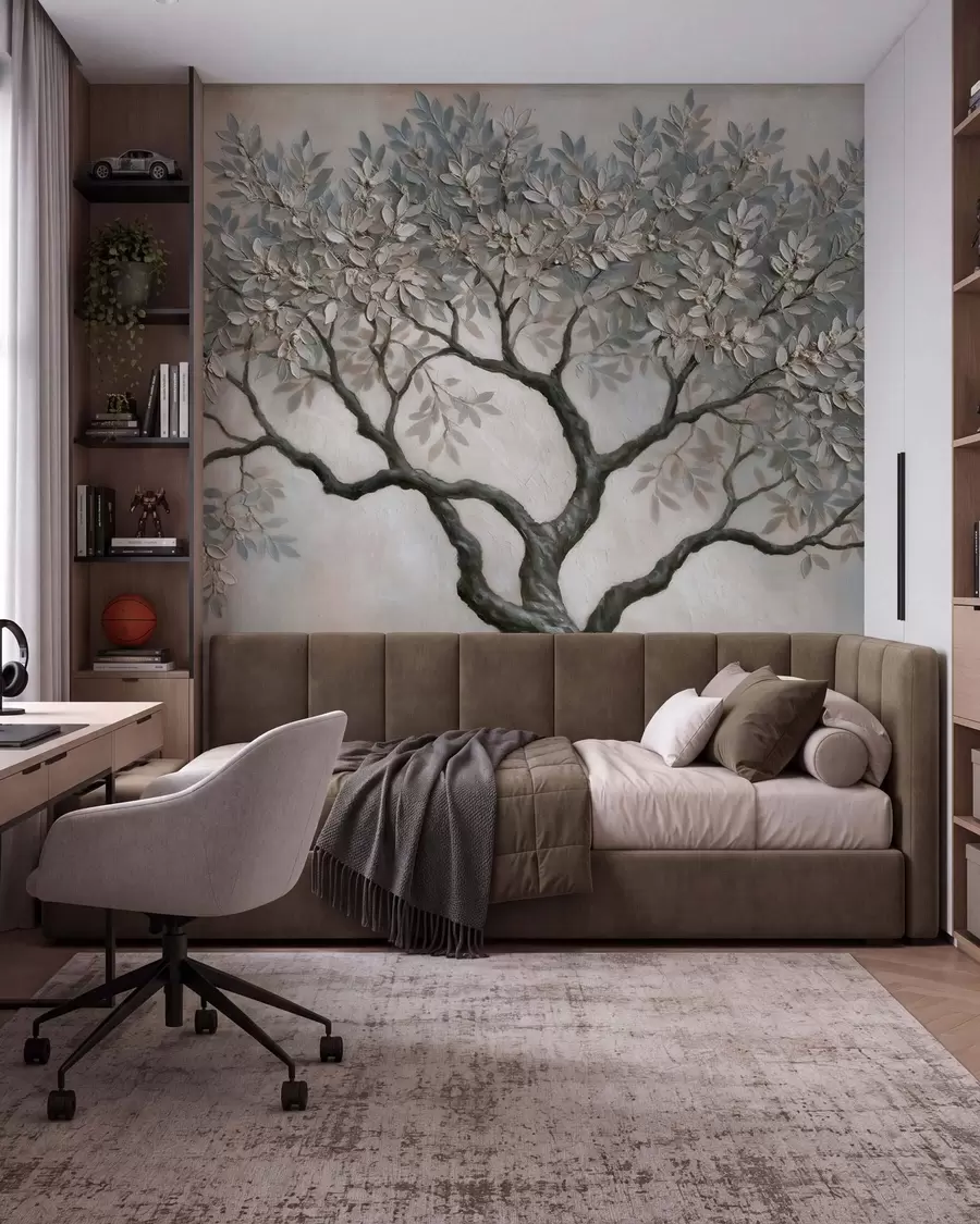 wall murals Tree in oil painting style in calm natural gray-beige tones w09919