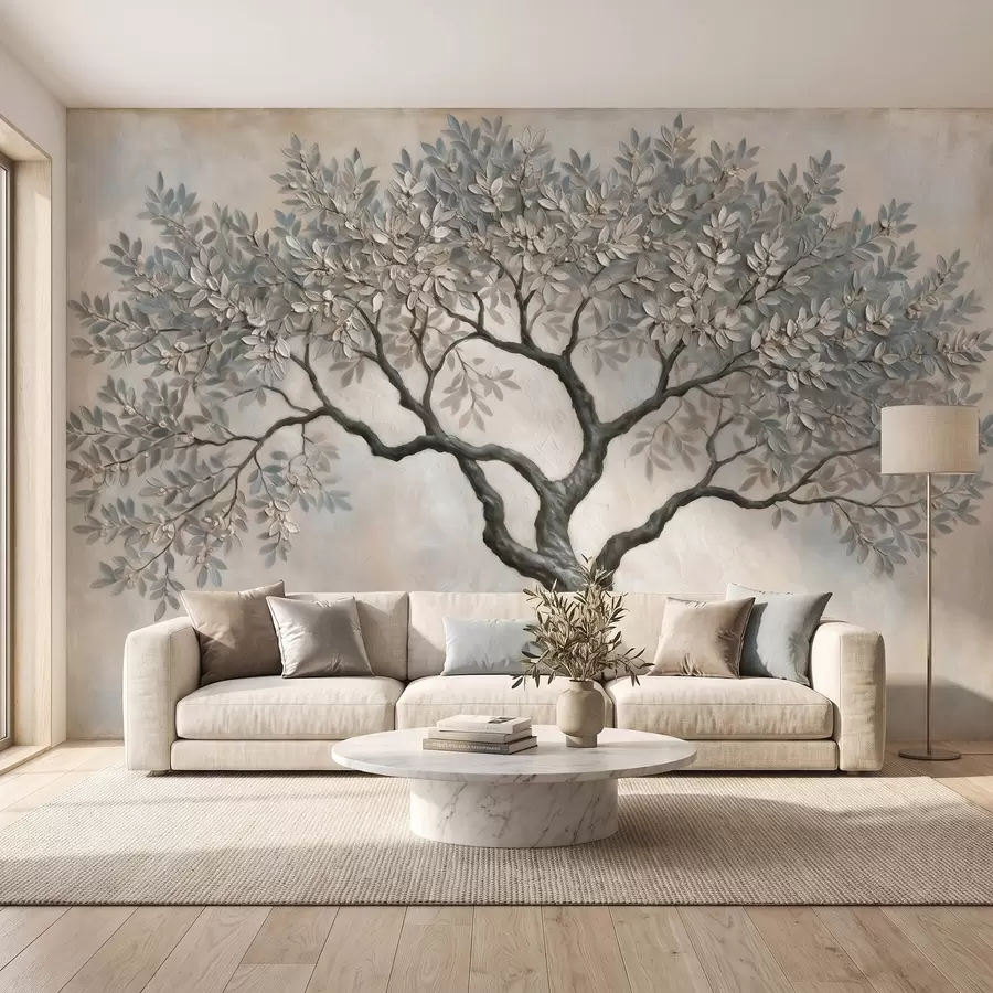 peintures murales Arbre peint à l'huile dans des tons gris-beige naturels et apaisants w09919
