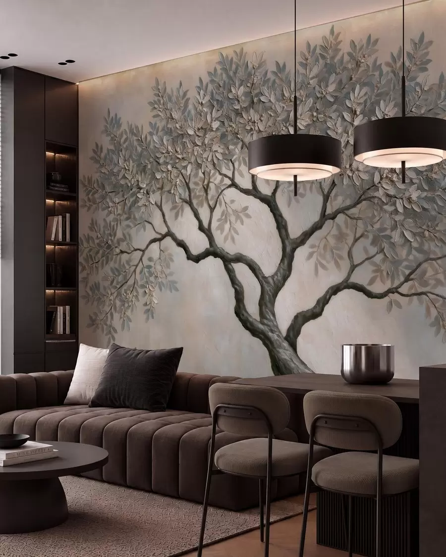 Wall Mural Photo Wallpaper Tree in oil painting style in calm natural gray-beige tones w09919