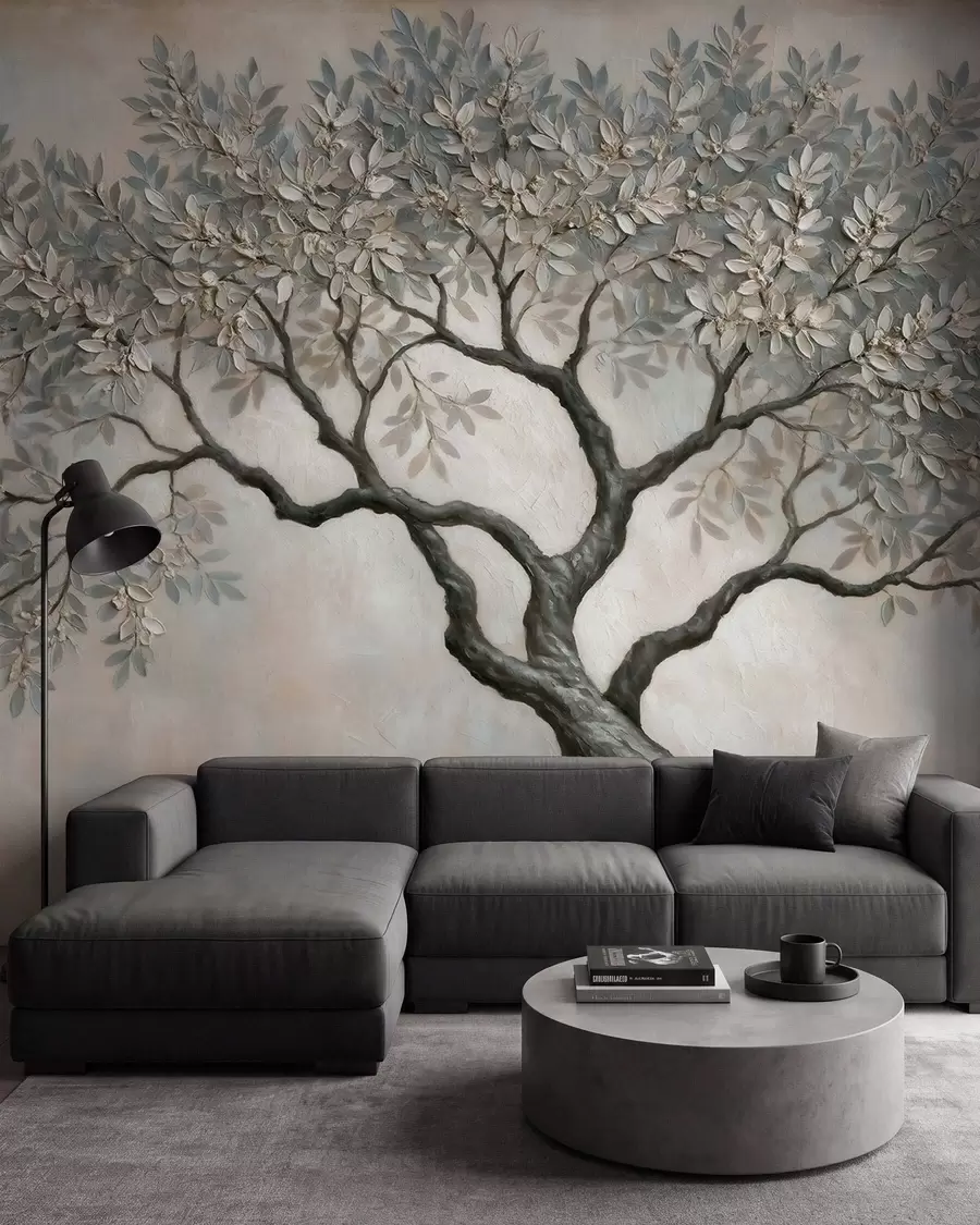 murales Árbol pintado al óleo en tonos grises y beige naturales y tranquilos w09919
