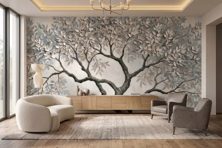 peintures murales Arbre peint à l'huile dans des tons gris-beige naturels et apaisants w09919