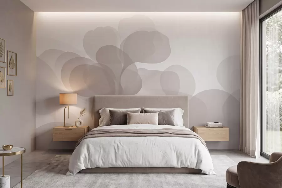 murales Siluetas botánicas abstractas semitransparentes en cálidos tonos beige w09925