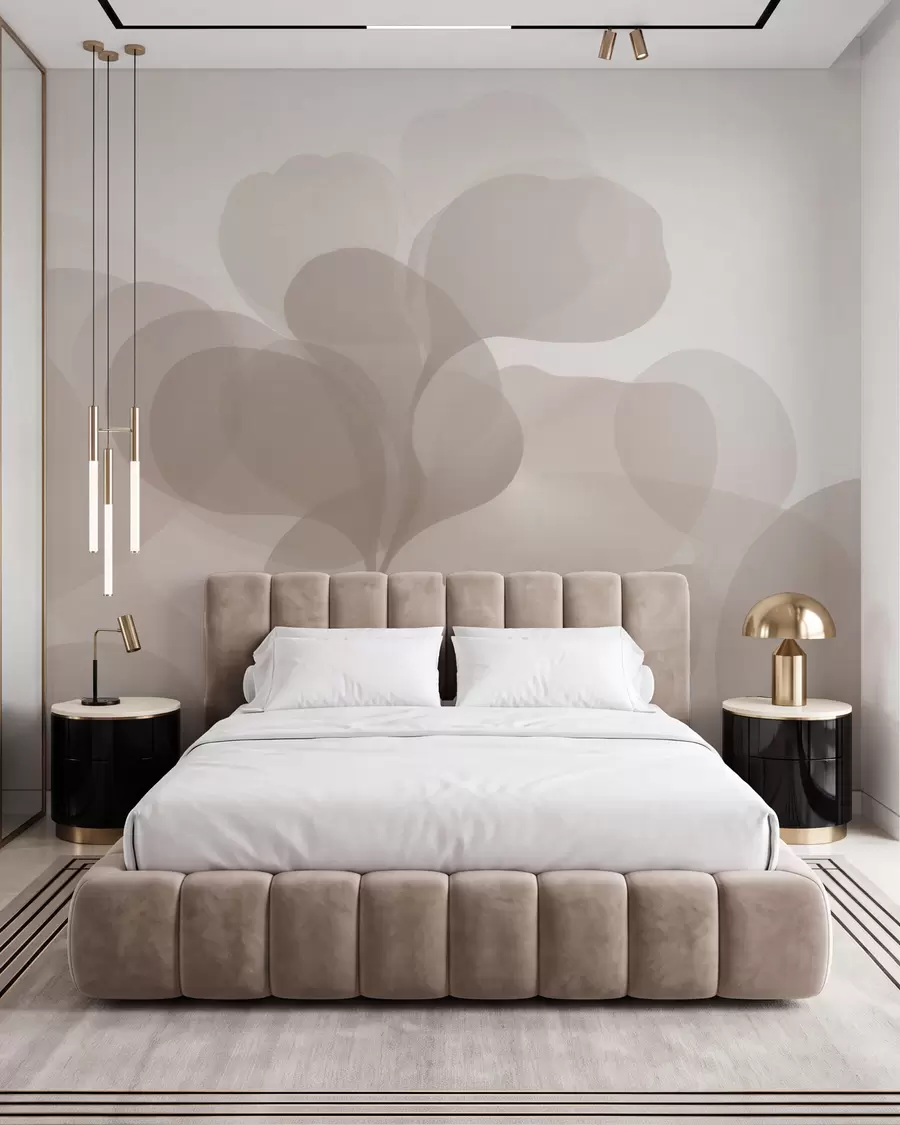 peintures murales Silhouettes botaniques abstraites semi-transparentes dans des tons beiges chauds w09925