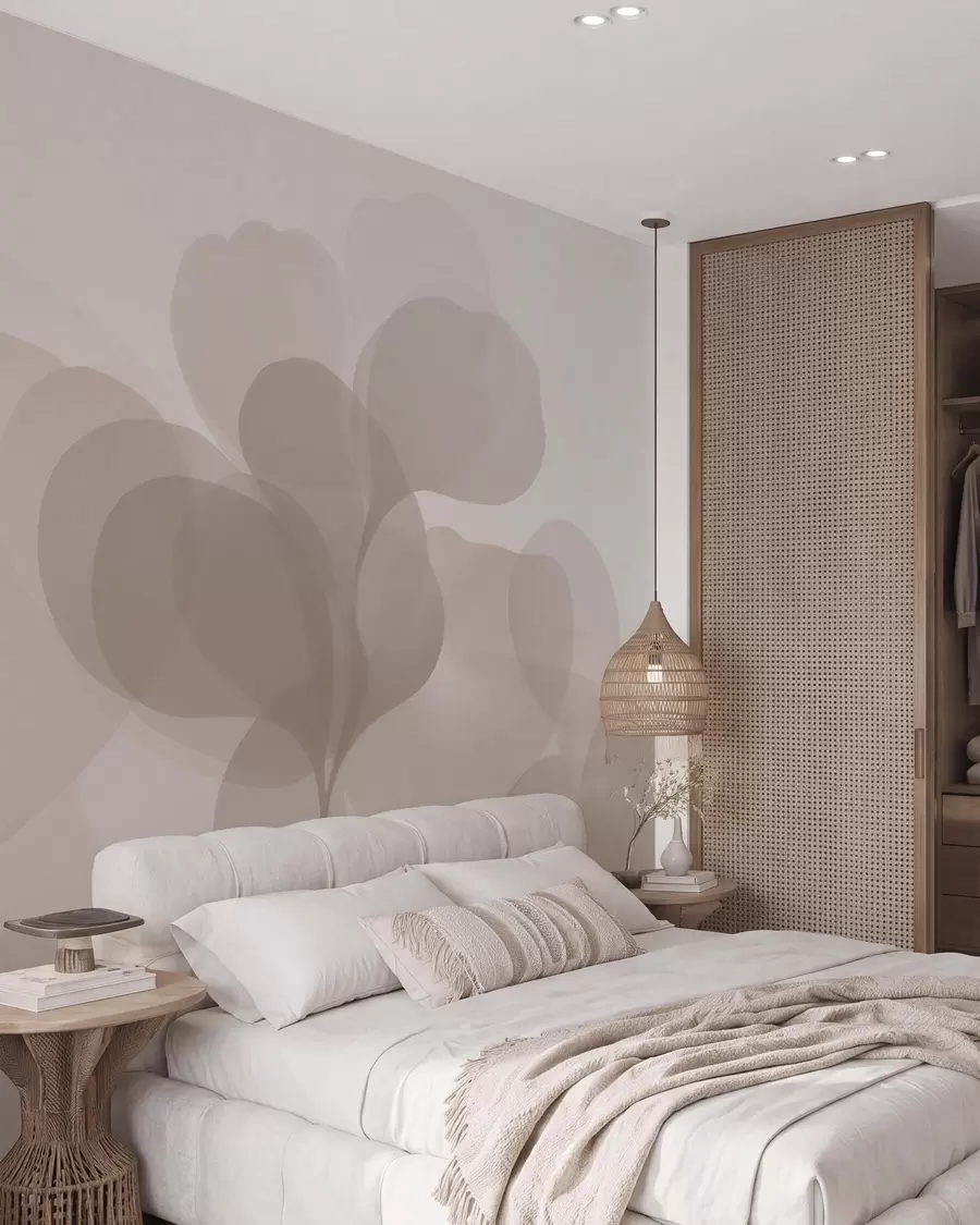wall murals Semi-transparent abstract botanical silhouettes in warm beige tones w09925