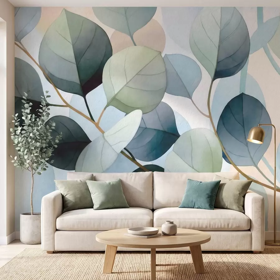 peintures murales Feuilles d'eucalyptus peintes à l'aquarelle avec délicatesse w09927