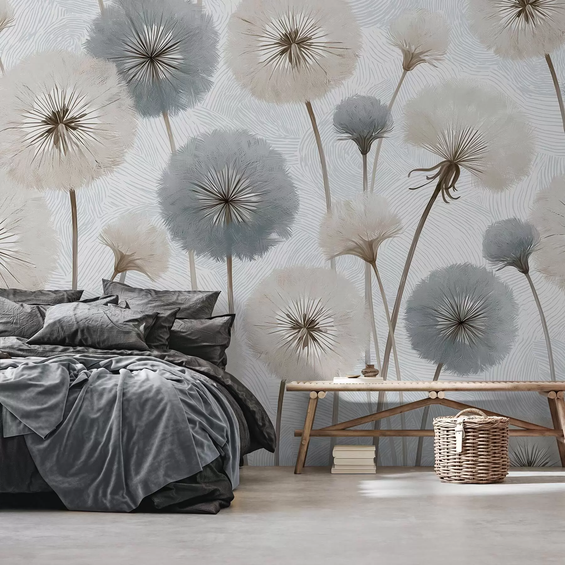 peintures murales Des pissenlits légers et duveteux dans une palette de couleurs douces et naturelles w09936