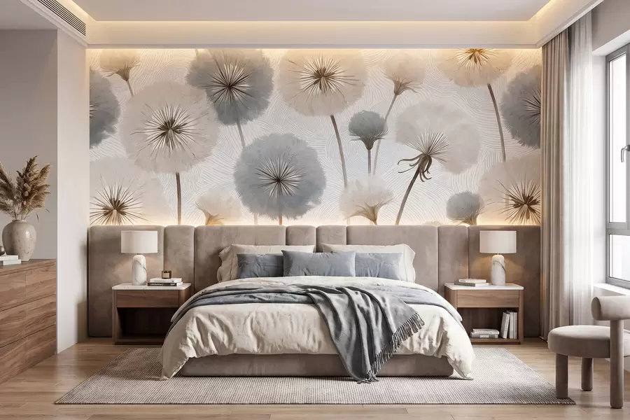 wall murals Airy fluffy dandelions in a soft natural palette w09936