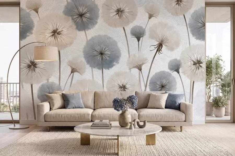 wall murals Airy fluffy dandelions in a soft natural palette w09936