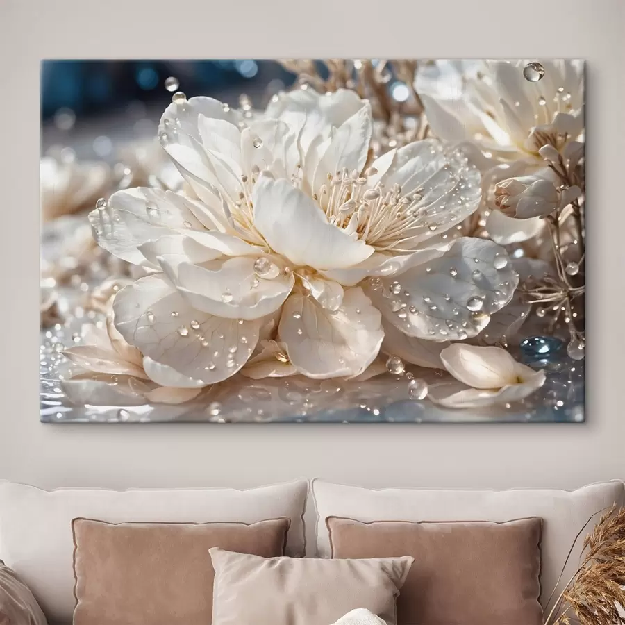 murales Primer plano de una flor blanca con gotas de agua s49355