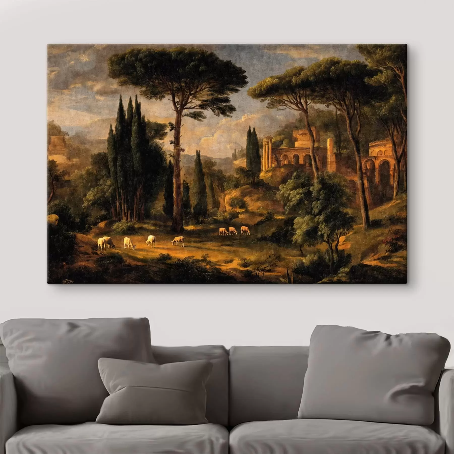 wall murals Classical landscape with trees, ruins and sheep s49674