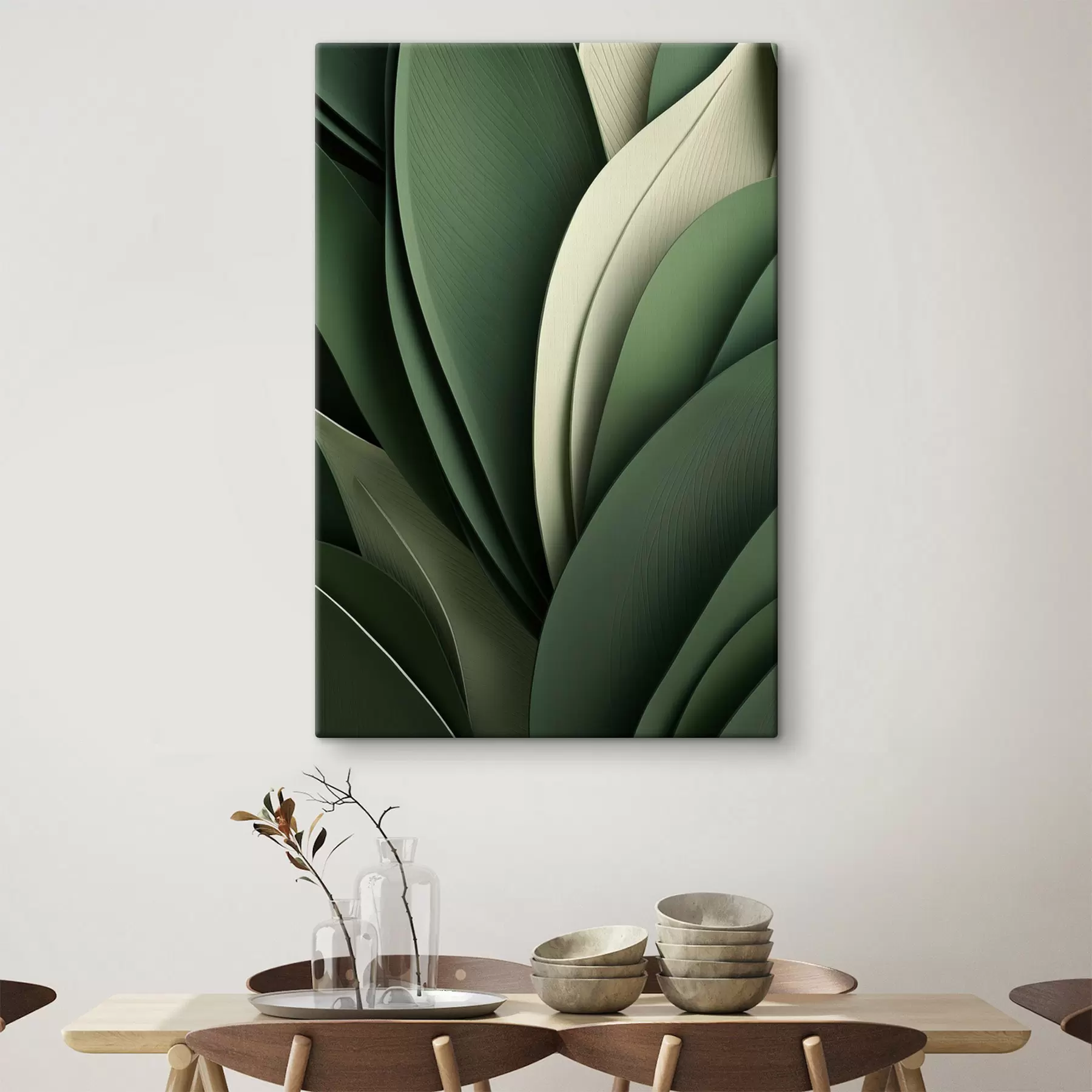 murales Hojas verdes abstractas dispuestas en capas con sutiles toques en color crema s49765