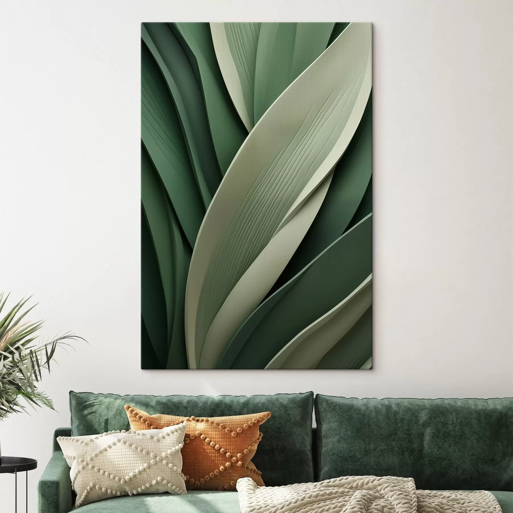 wall murals Layered abstract green leaves with subtle cream accents s49766
