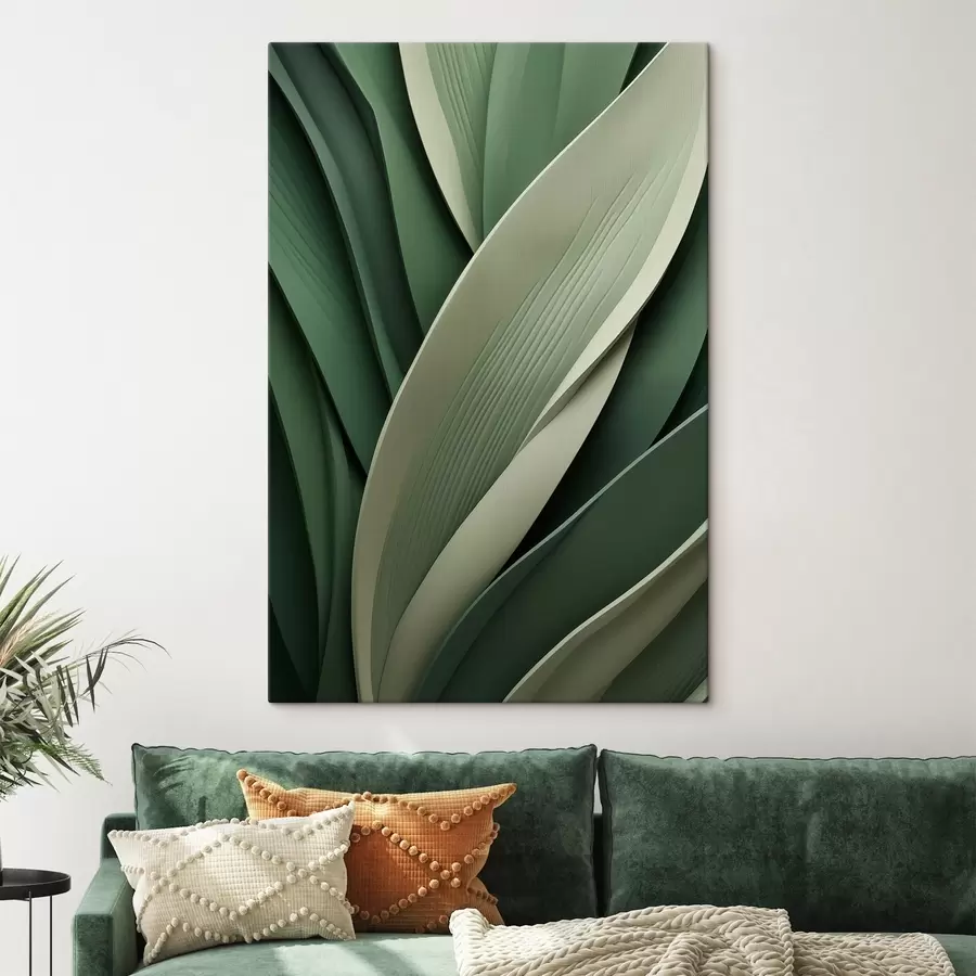 murales Hojas verdes abstractas dispuestas en capas con sutiles toques en color crema s49766