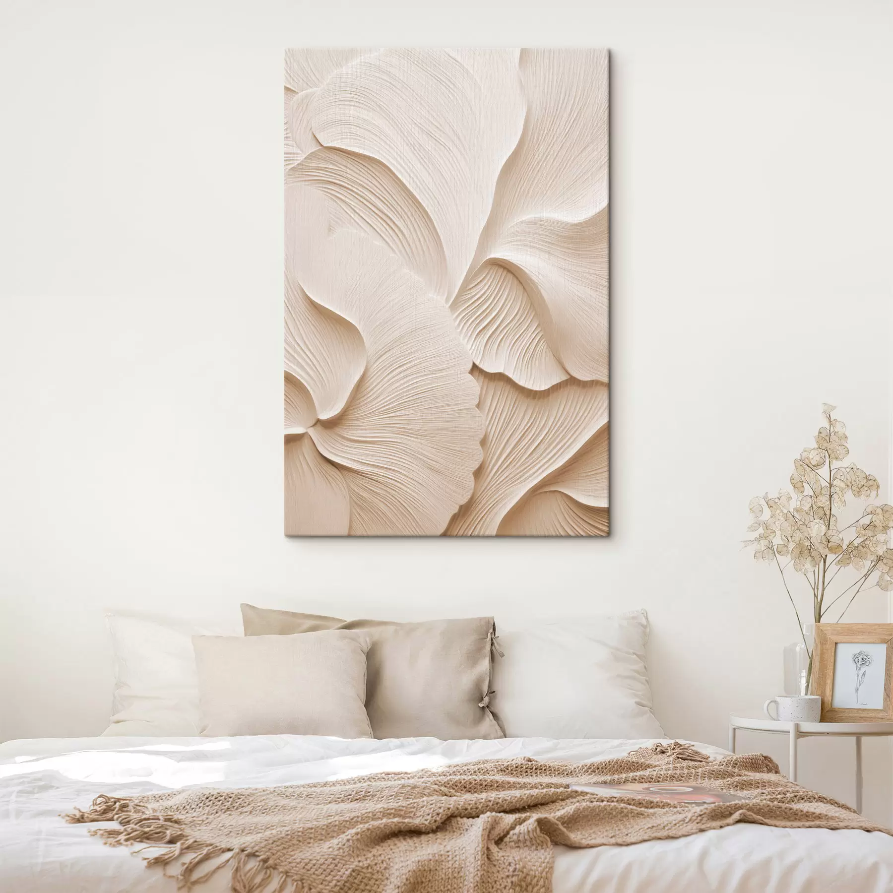 wall murals Layered, cream-colored leaves forming abstract floral shapes, textured art s49770
