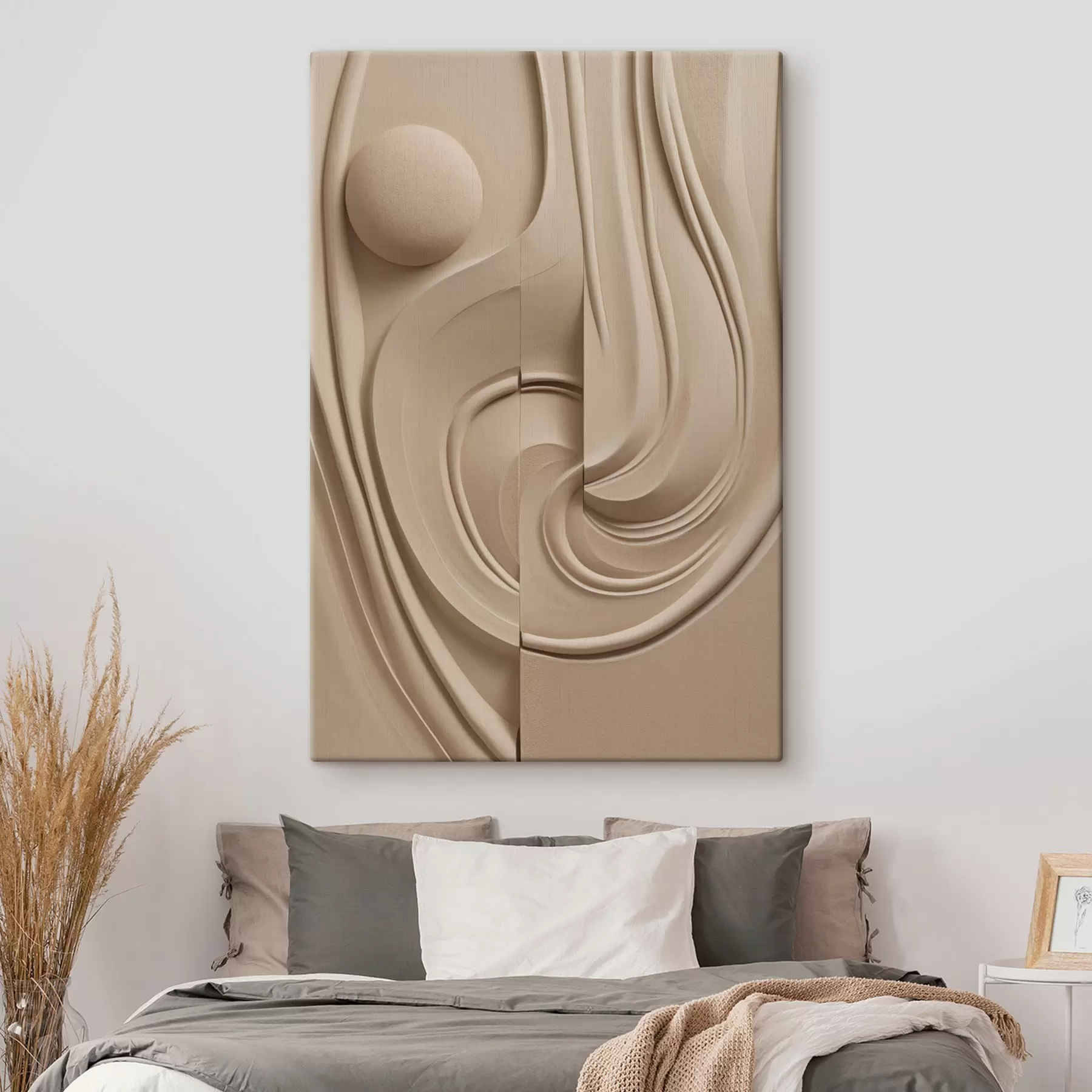 murales Una obra de arte abstracta de color beige, con textura, líneas fluidas y una esfera s49775