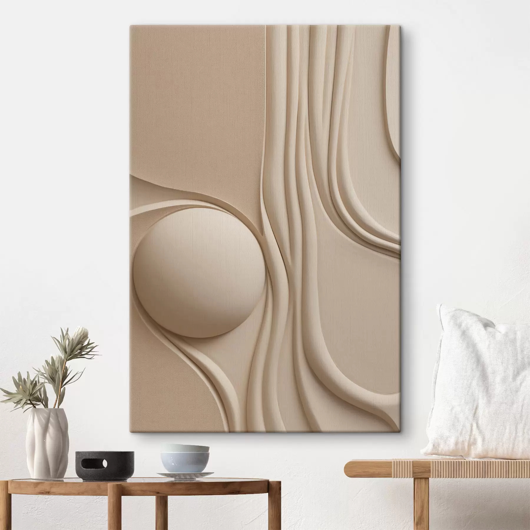 murales Una obra de arte abstracta de color beige, con textura, líneas fluidas y una esfera s49776